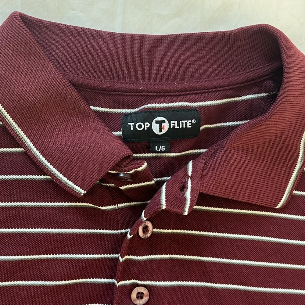 Top Flight  Brand men’s Polo T-shirt ,Size -L Maroon with stripes pre owned
